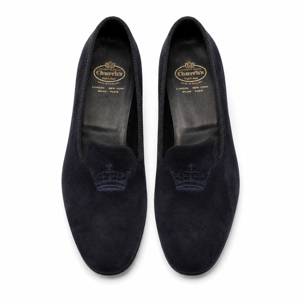 Church's Sovereign Loafers Mens 9 Navy Suede Crown Embroidered Formal Slippers‎